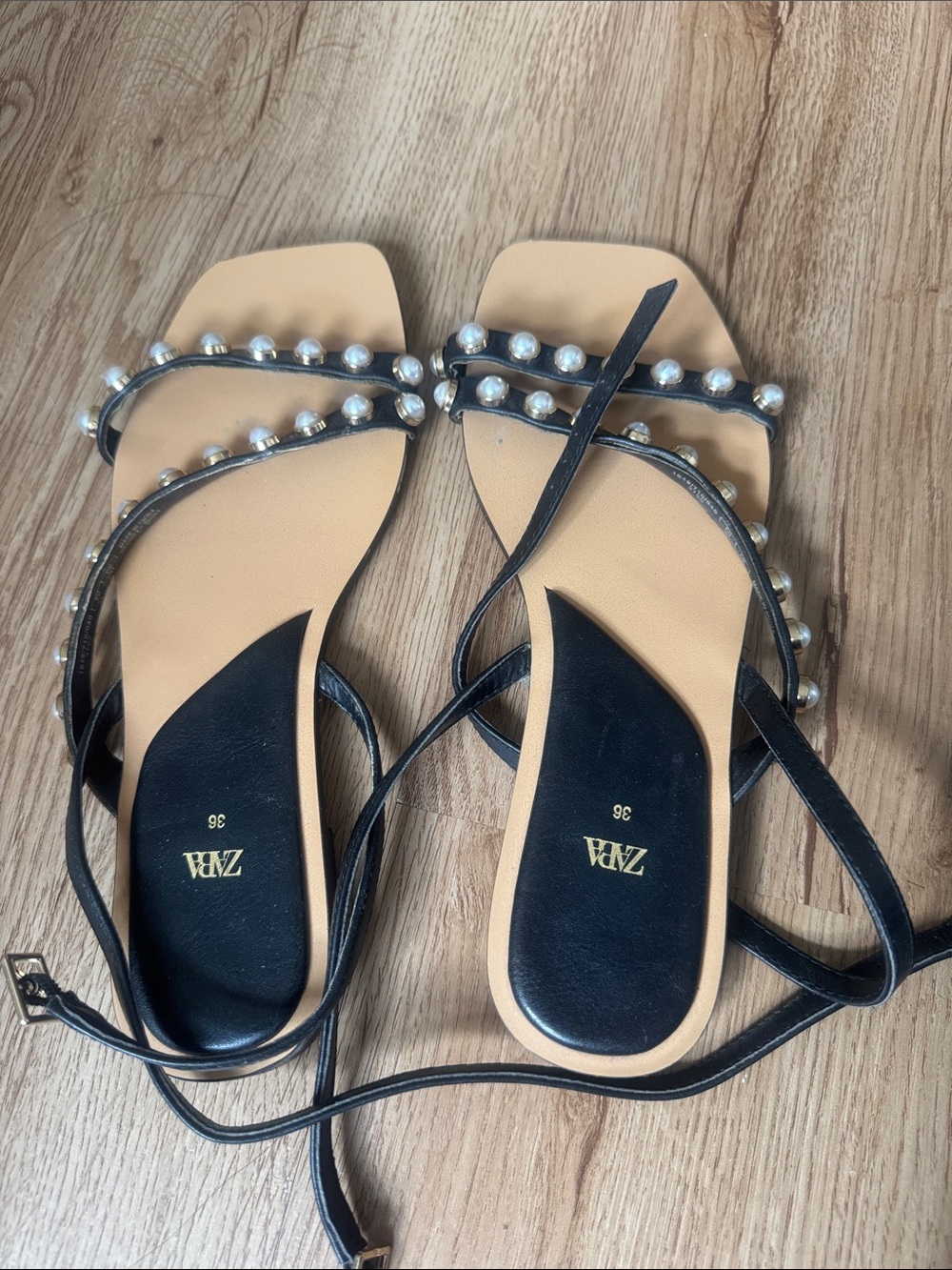 Zara Black Pearl-Trim Lace-Up Flat Sandals